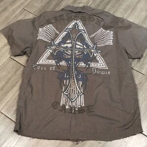 Division “Righteous Cause” Embroidered Brown Short Sleeve Button Up Shirt